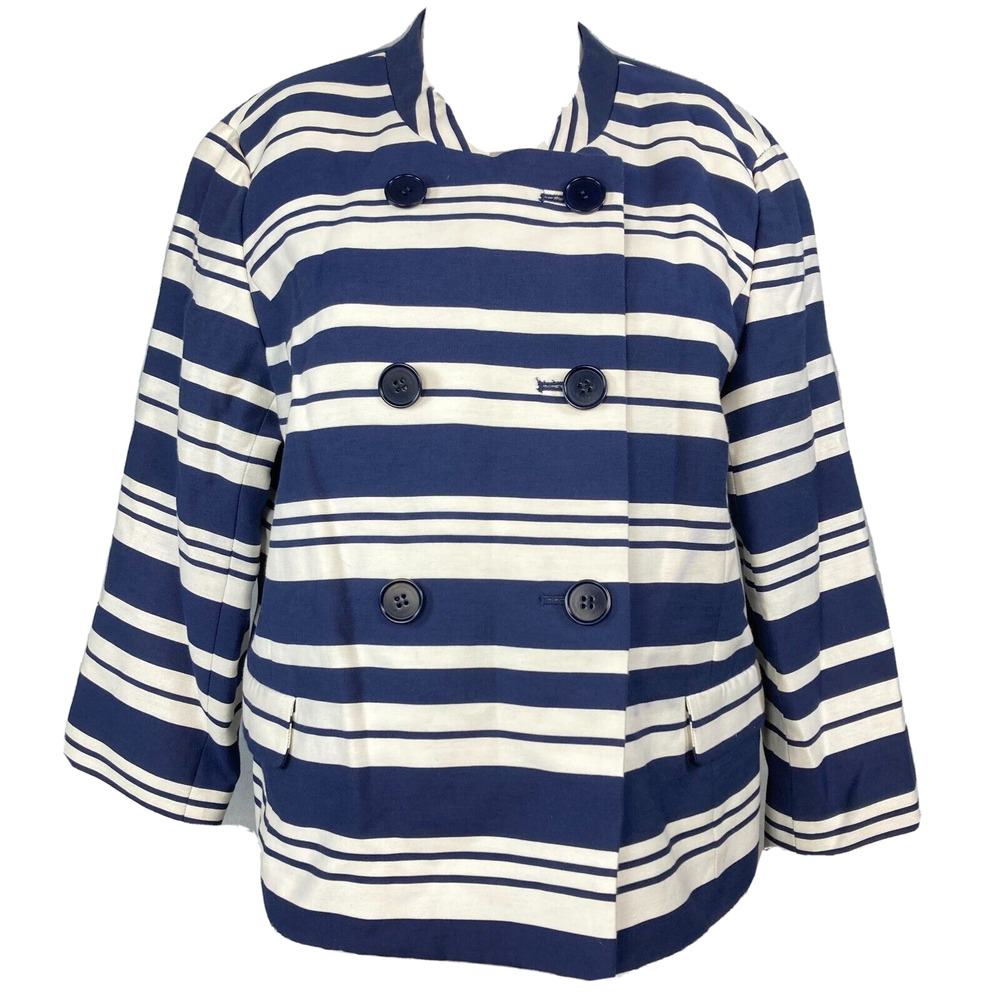 Talbots‎ Jacket Womens Sz 12 Navy Blue White Striped Pea Coat Cotton Stretch